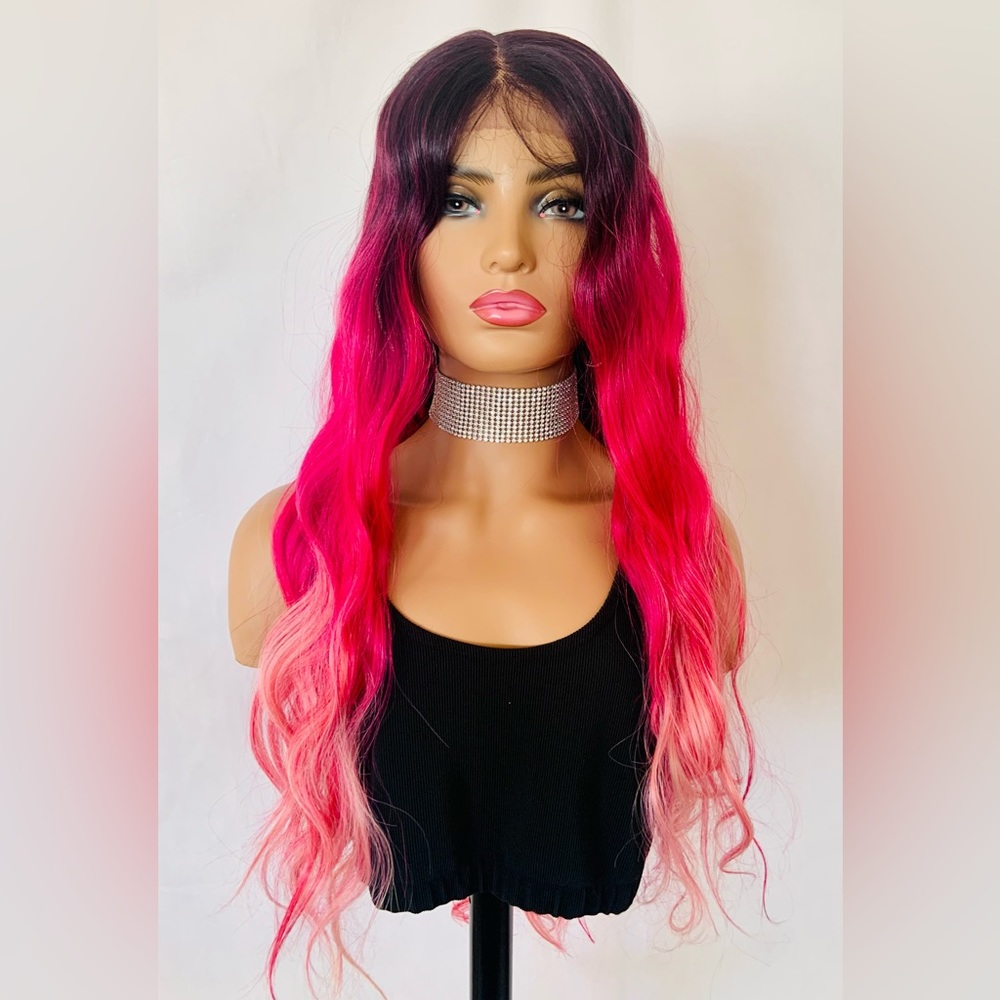 Gorgeous 30” Ombre Pink Fuchsia Synthetic Lace Front Wig